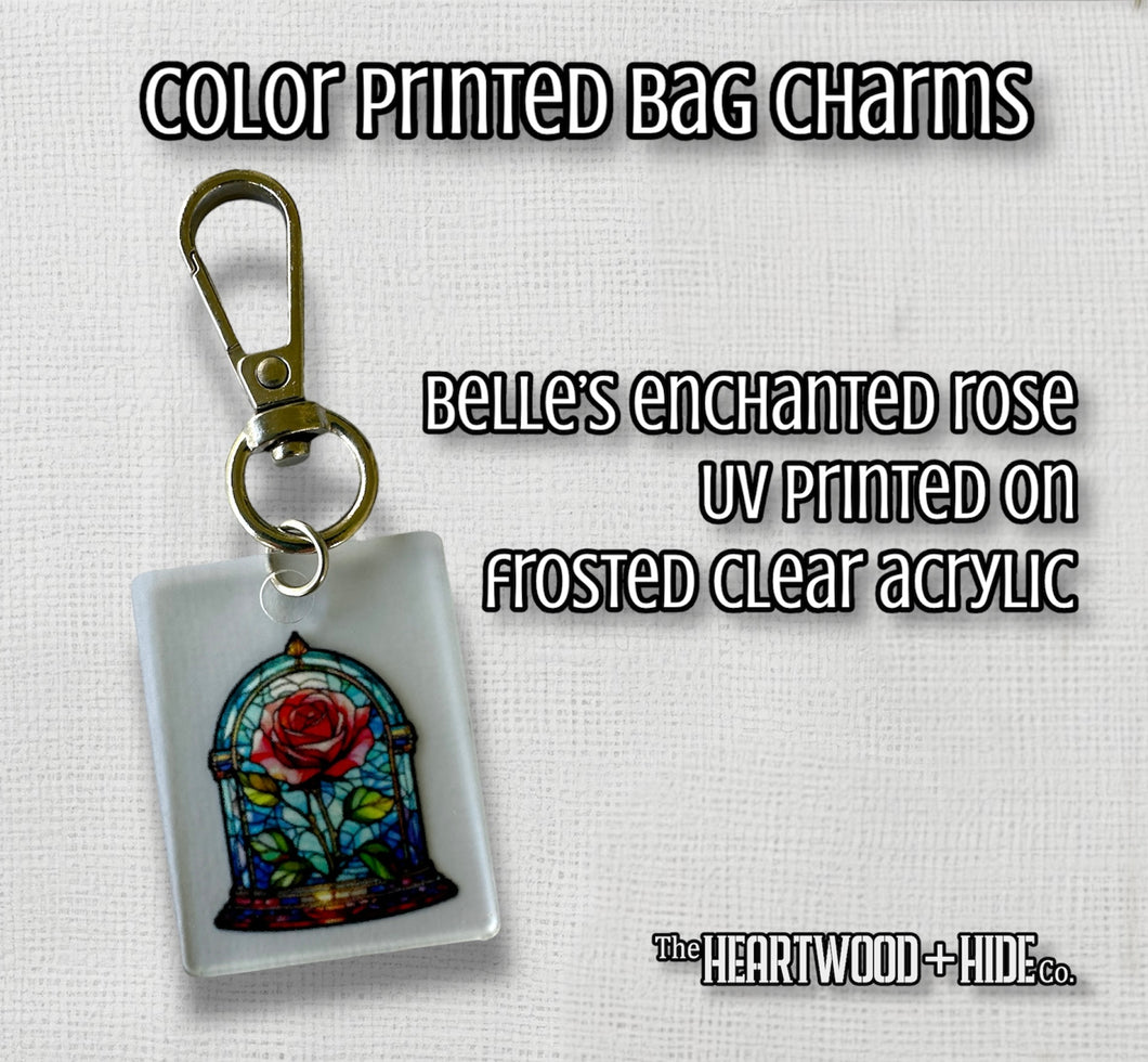 Color Printed Bag Charms - Belle's Enchanted Rose - Frosted Acrylic